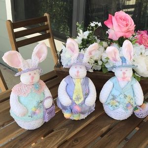 Hand crocheted Easter bunnies in shinny thread.